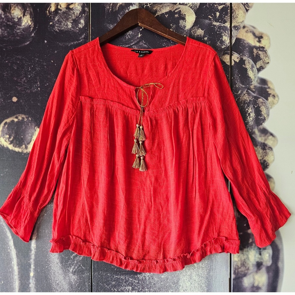 Zac & Rachel Red Long Sleeve Tassel‎ Blouse Top Ruffle Hem Women's